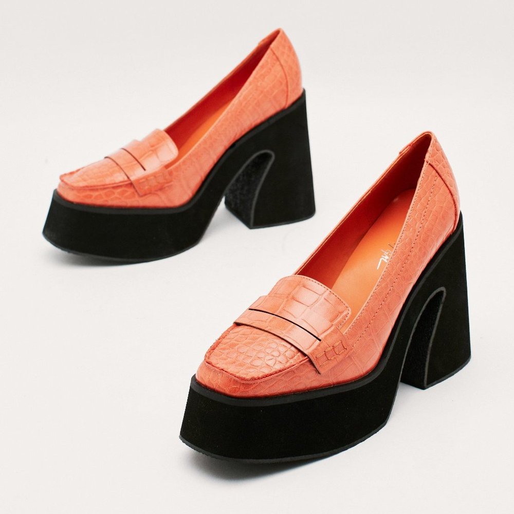 Orange Faux Leather Croc Platform Flare Heel Loafers